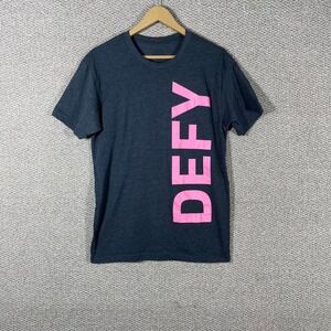 DEFY Shirt Mens Size Medium Gray Pink Spell Out Short Sleeves Casual‎ Crew Neck